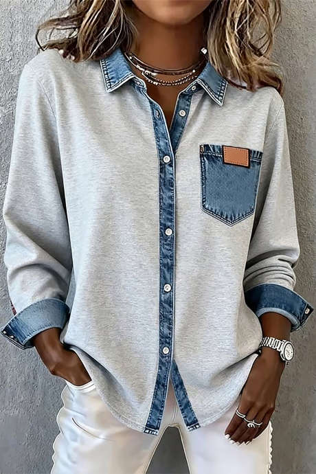 Light Grey Casual Long Sleeve Patchwork Denim Shirt Regular Fit Collar Button Front Beach Vacation Daily Wear