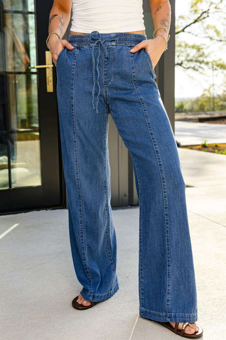 Celana Jeans Ashleigh Biru dengan Tali Serut di Pinggang dan Potongan Lebar