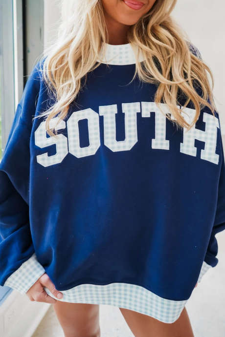 Sail Blue Plaid High Neck Sweatshirt Colorblock Lettering Casual Shift Fit Pullover
