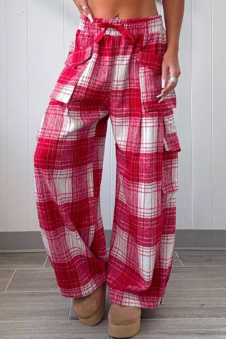 Red Casual Plaid Full-Length Pants with Pockets Shift Silhouette Daily Wear
