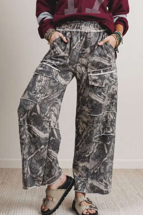 Gray Casual Camouflage Print Ankle-Length Pants with Pockets for Daily Wear