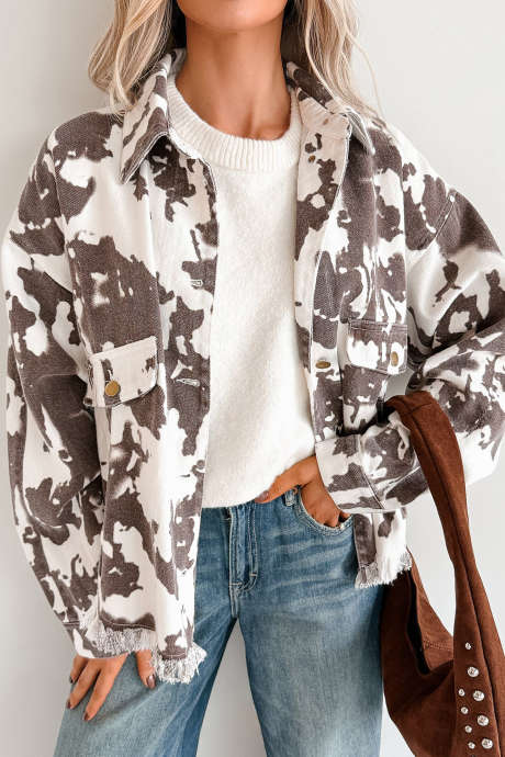 Brown Western Abstract Print Denim Jacket Long Sleeve Regular Fit
