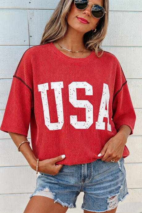 Κόκκινο, ριγέ τοπ με γραφικά USA και half-manic loose rib print