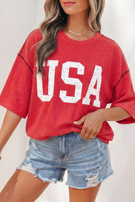Fiery Red USA Graphic Half Sleeve Loose Ribbed Top LC25136759-P3