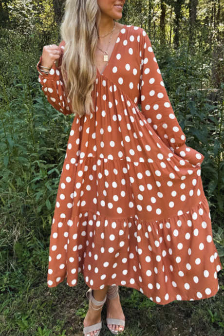 Orange V Neck Long Sleeve Polka Dot Maxi Dress for Beach Vacation Outdoor Daily Wear