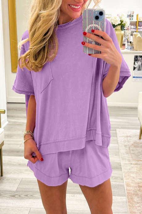 Ensemble haut oversize à poches plaquées et bords francs, motif orchidées, et short