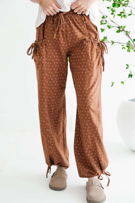 Brown Floral Print Ankle-Length Casual Pants with Drawstring Waist and Side Pockets