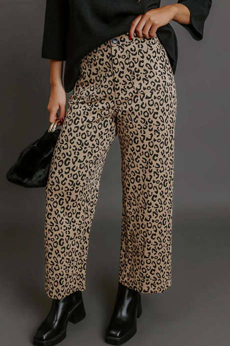 Khaki Leopard Print Ankle-Length Casual Pants with Pockets Shift Silhouette Daily Wear Regular Fit