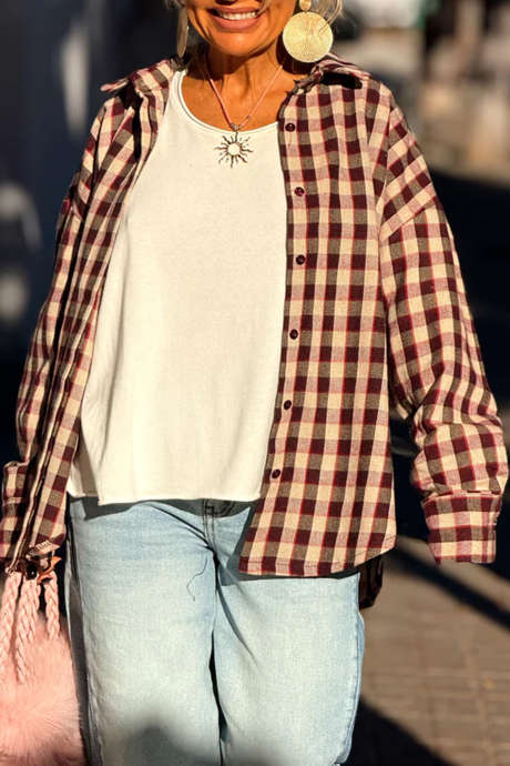 Multicolour Casual Plaid Long Sleeve Tunic Shirt for Beach Vacation Outdoor Daily Wear