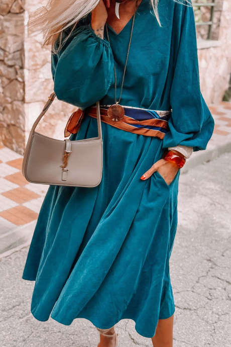 Peacock Blue Long Sleeve Shift Dress Solid Pattern Casual Style Beach Vacation Outdoor Daily Wear