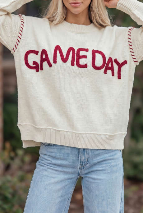 Beige Game Day Letter Print Round Neck Long Sleeve Casual Pullover Sweater