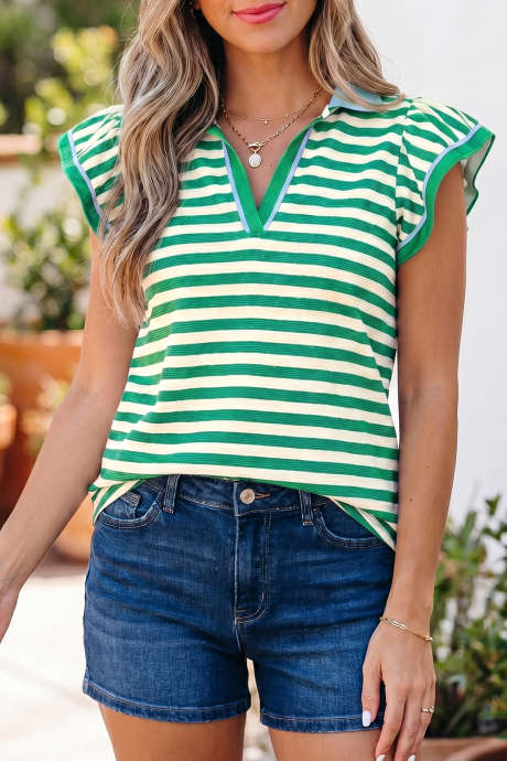 Green Stripe Contrast Trim Polo Collar Ruffled Short Sleeve Blouse LC25136540-P919
