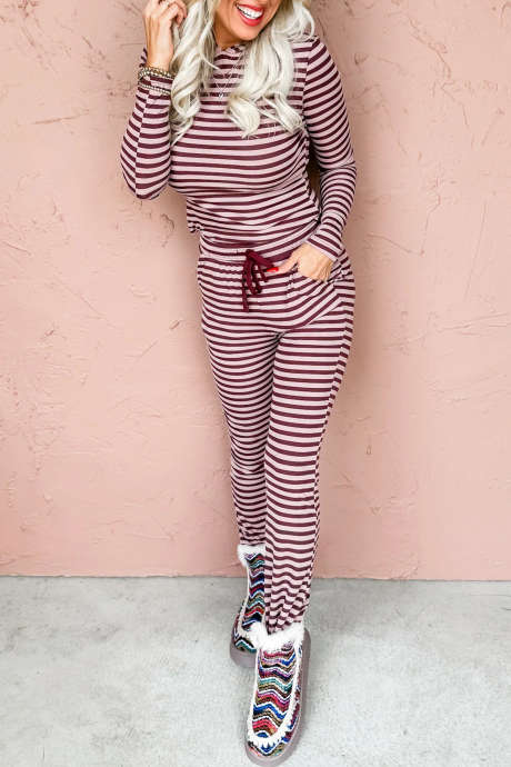 Red Stripe Striped Long Sleeve Two Piece Set Casual Daily Wear Pants Set