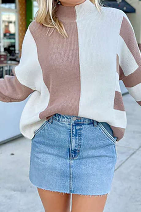 Khaki High Neck Colorblock Patchwork Sweater Casual Loose Fit Pullover
