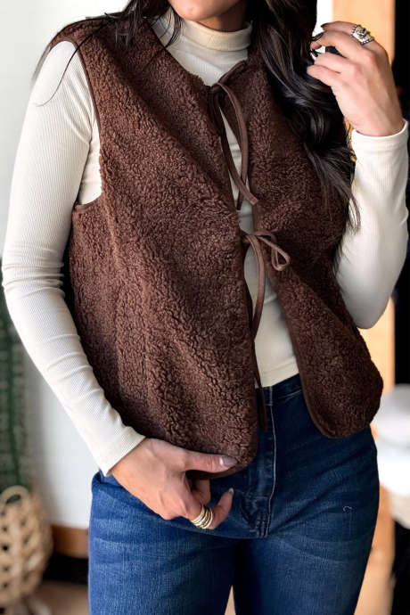 Chicory Coffee Western Faux Shearling Vest Colorblock Knot Regular Sleeveless