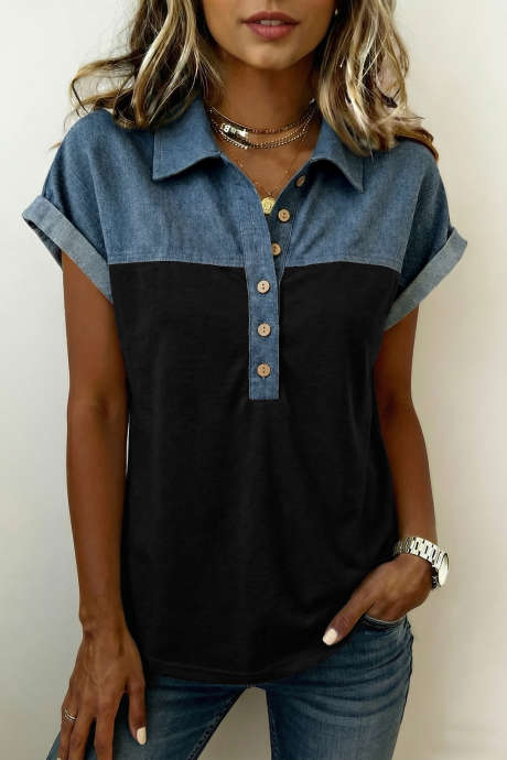 Black Color Block Denim Patchwork Button Polo Collar Short Sleeve Top LC25136324-P2