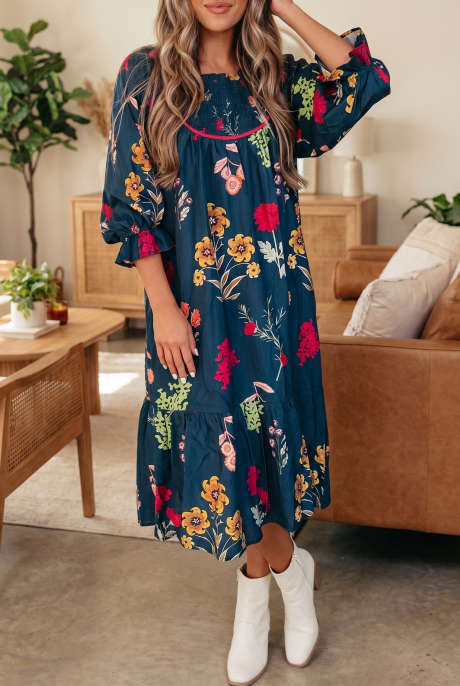 Blue Floral Print Long Dress with Ruffle Sleeves Gathered Hem Casual Shift Silhouette
