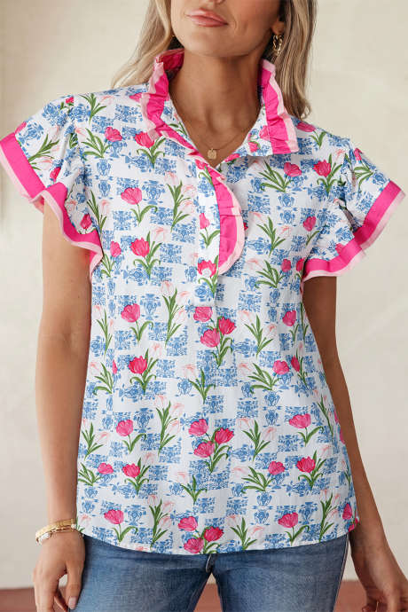 Bluză cu imprimeu floral roz, dungi și blocuri de culoare, mâneci fluturate, cu nasturi pe jumătate, LC25136426-P620