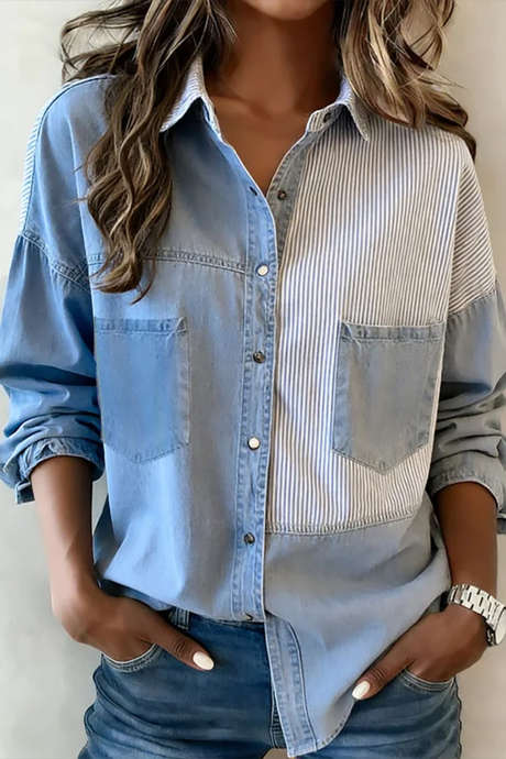 Beau Blue Striped Patchwork Denim Shirt with Button-Front and Pocket Details