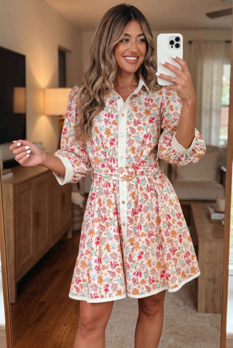 Rochie mini portocalie cu imprimeu floral și mânecă 3/4, cu cataramă și curea