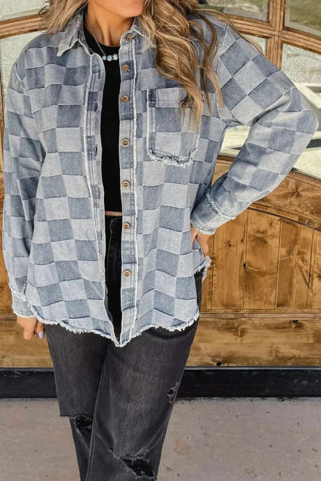 Sky Blue Casual Plaid Denim Jacket Long Sleeve Button Pocket Shift Silhouette Daily Wear