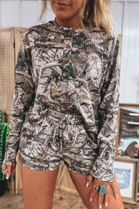 Brown Camouflage Two Piece Set Long Sleeve Top Elastic Waist Shorts Casual Pants Set