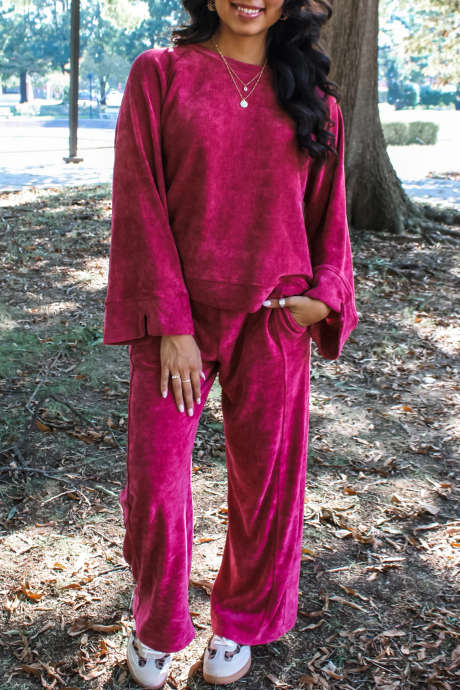 Pitaya Pink Long Sleeve Two Piece Set Casual Loose Fit Pocket Detail Pants Set