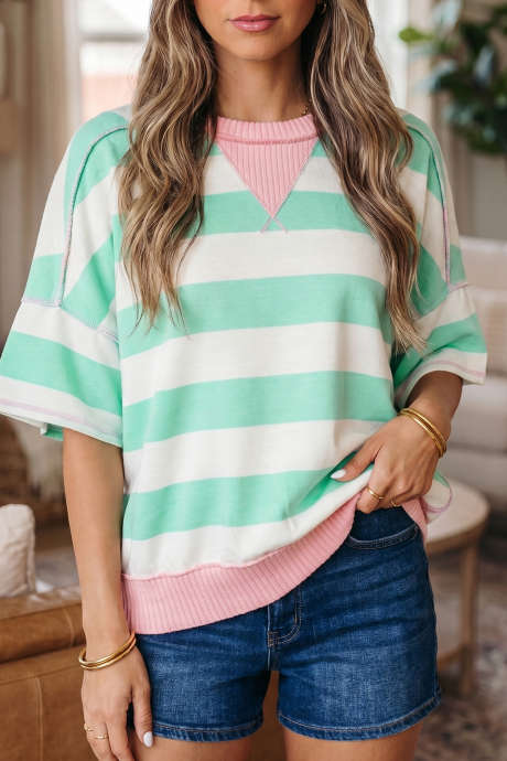 Green Stripe Exposed Seam Ribbed Patchwork Oversized T-shirt