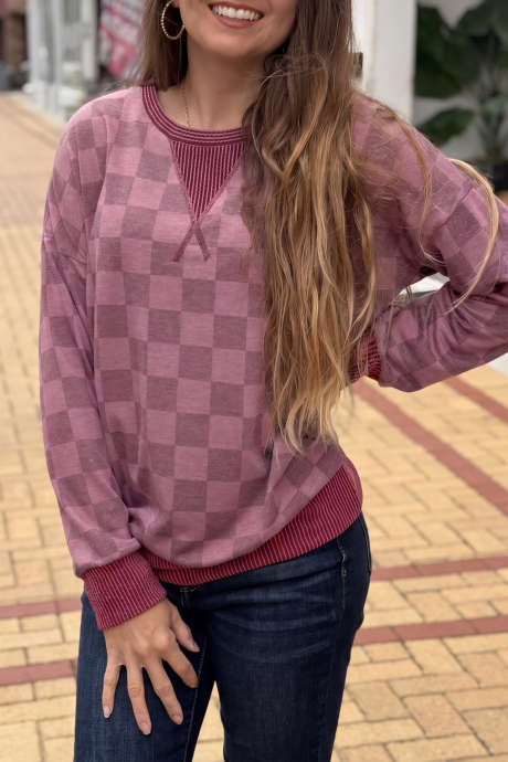 Red Plaid Print Twisted Ribbed Detail Long Sleeve Shift Top