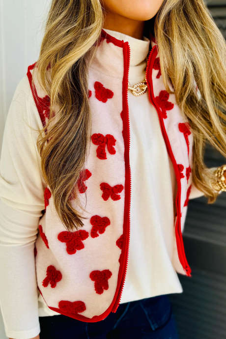 Fiery Red Cozy Fleece Vest with Red Bow Pattern and Zipper Front for Daily Wear