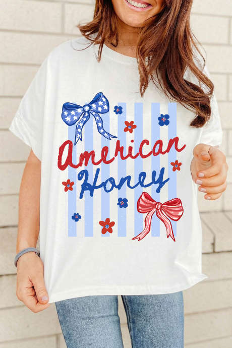 Tricou grafic cu dungi albe și flori American Honey Bow