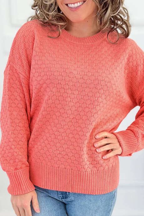 Coral Paradise Breathable Patterned Knit Drop Shoulder Pullover Sweater