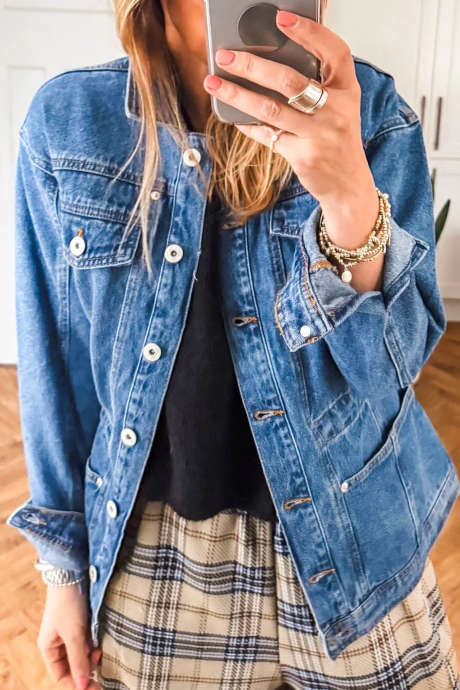 Sail Blue Casual Denim Jacket Button Front Long Sleeve Regular Fit Shift Silhouette