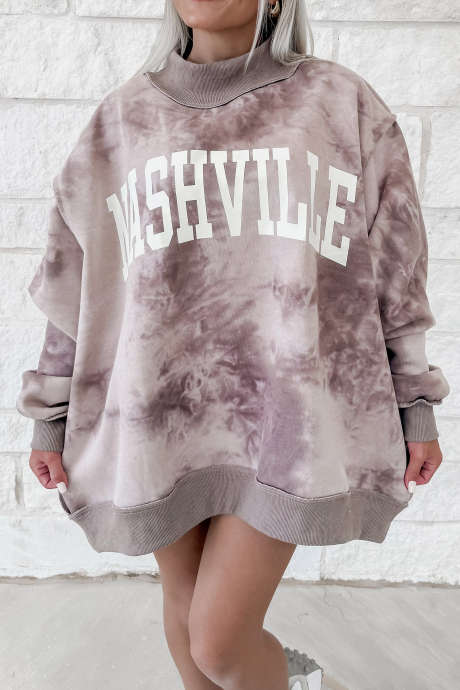 Πολύχρωμο φούτερ Tie-Dy με στάμπα Nashville με γράμματα και ψηλό ντεκολτέ