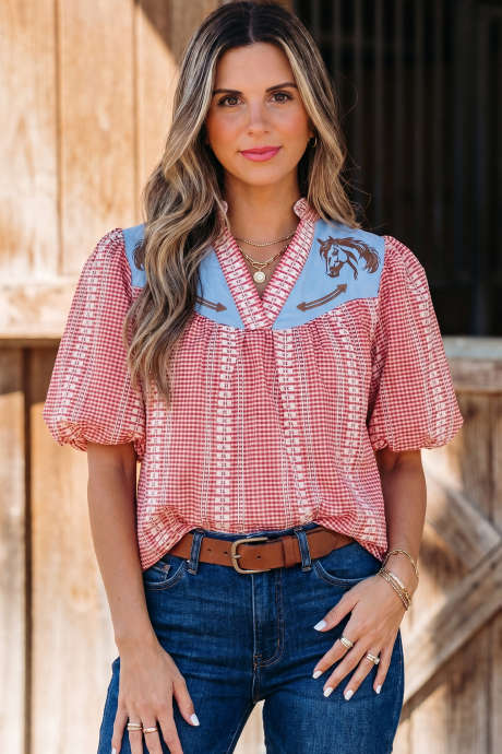 Bluză roșie cu imprimeu Western Pony și mâneci bufante, model gingham, LC25136729-P322