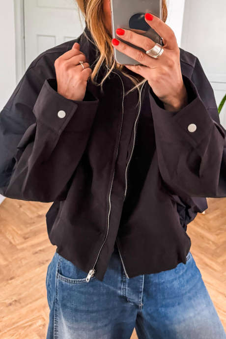 Black Casual Loose Fit Long Sleeve Zipper Front Jacket