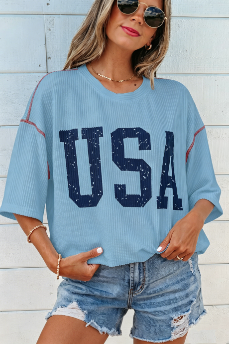 Haut à manches courtes et côtelé ample Beau Blue USA Graphic