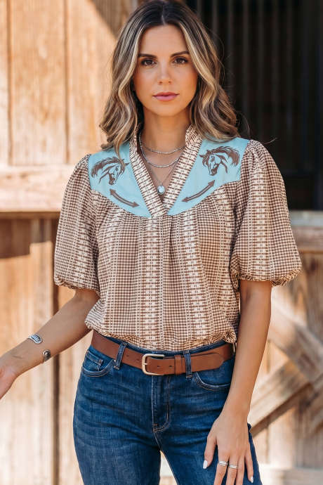 Brown Western Pony Embroidered Yoke Puff Sleeve Gingham Blouse