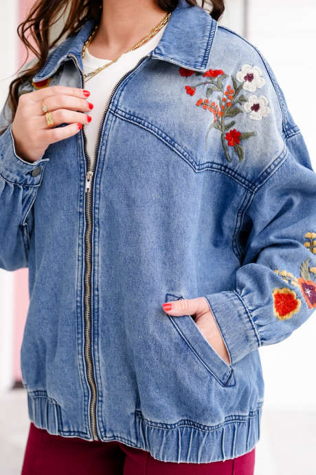 Myosotis Floral Embroidery Denim Jacket Casual Long Sleeve Regular Fit