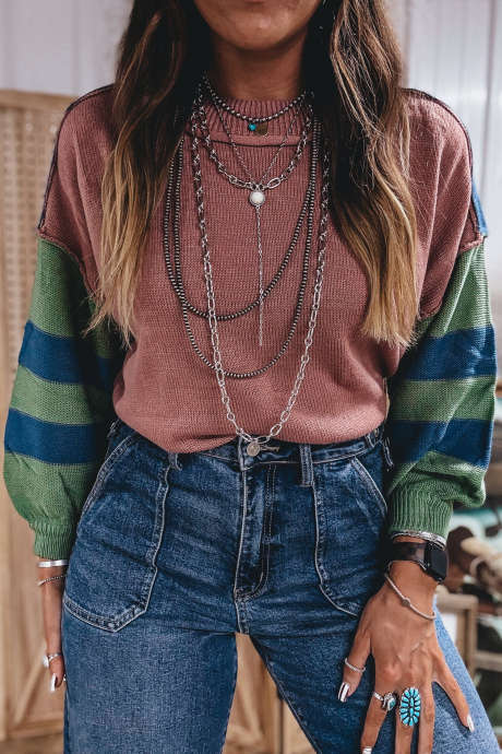 Multicolour Western Colorblock Patchwork Striped Long Sleeve Pullover Sweater