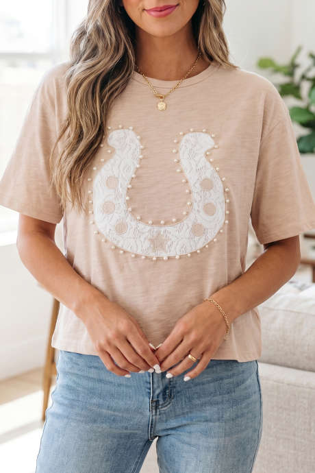 Camiseta vaquera con gráfico de herradura con decoración perlada y encaje gris humo