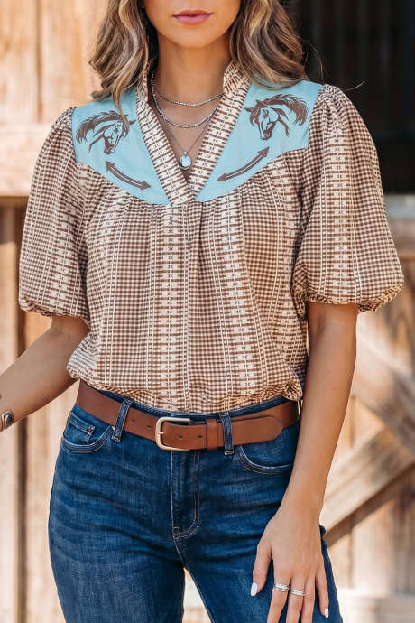 Blusang Gingham na may Burda na Kayumanggi at Puff Sleeve na may Kulay Brown Western Pony