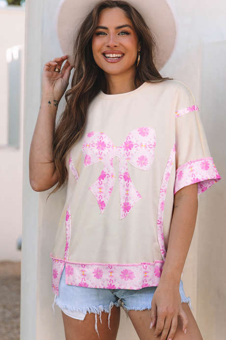 Tricou lejer cu imprimeu floral și margarete, culoare caisă, cu fundă contrastantă, model patchwork