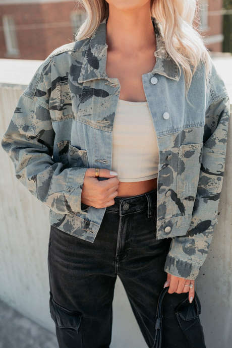 Sky Blue Casual Camouflage Denim Jacket Long Sleeve Button Pocket Regular Fit