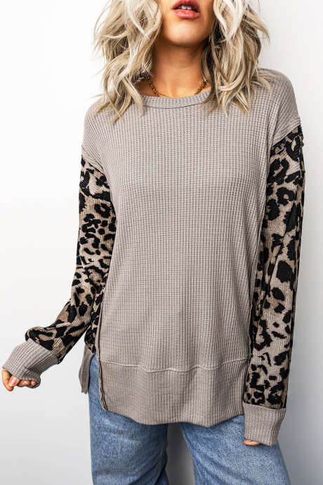 Gray Morn Leopard Sleeve Split Hem Western Pullover Sweater