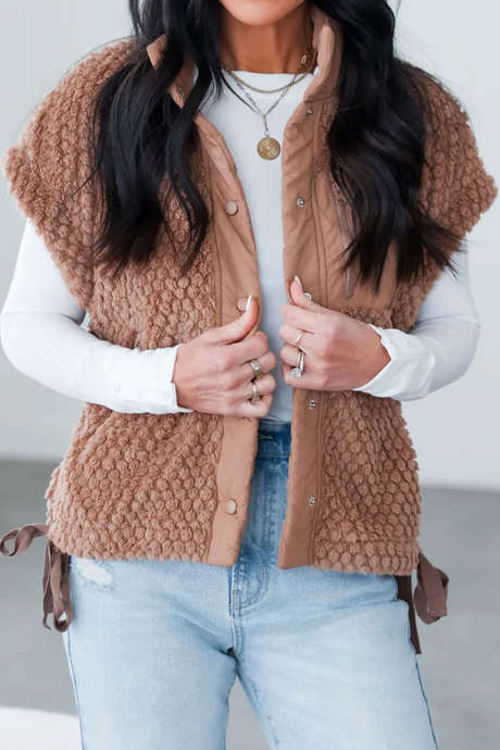 Dusty Pink High Neck Faux Fur Patchwork Pocket Sleeveless Vest