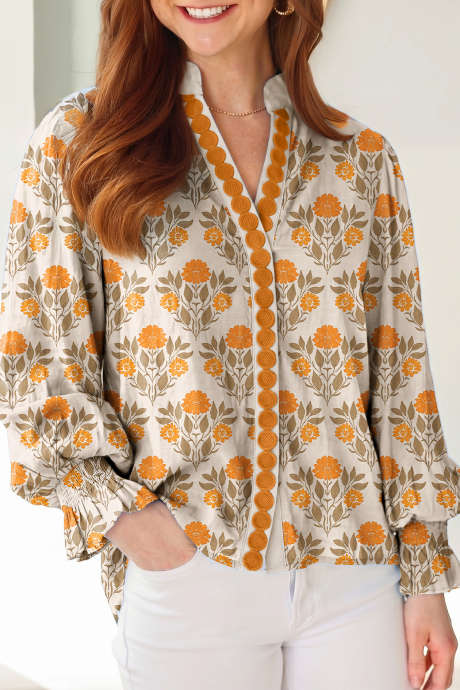 Tunique à manches longues et col en V imprimé floral orange, blouse décontractée