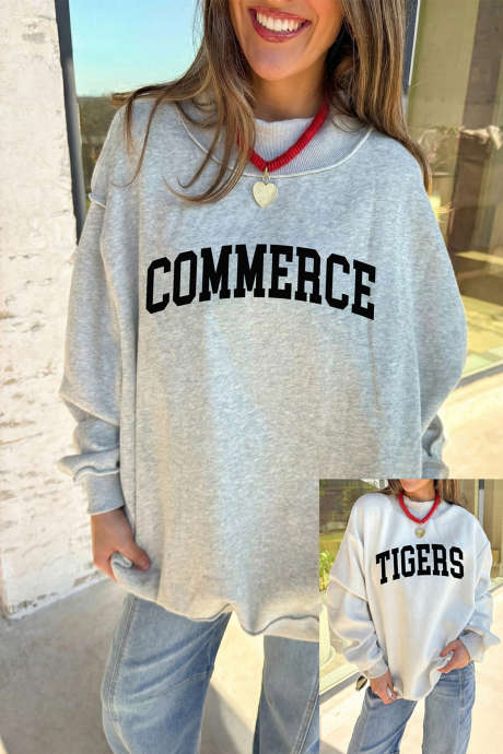 Ανοιχτό γκρι φούτερ COMMERCE/ TIGERS με διπλή στάμπα και ψεύτικο ντεκολτέ