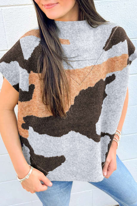Gray Camouflage Pattern Drop Shoulder High Neck Short Sleeve Shift Sweater