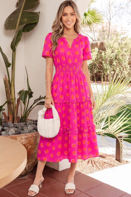 Rochie midi cu buline duble roz și mânecă scurtă, talie înaltă și încrețitură